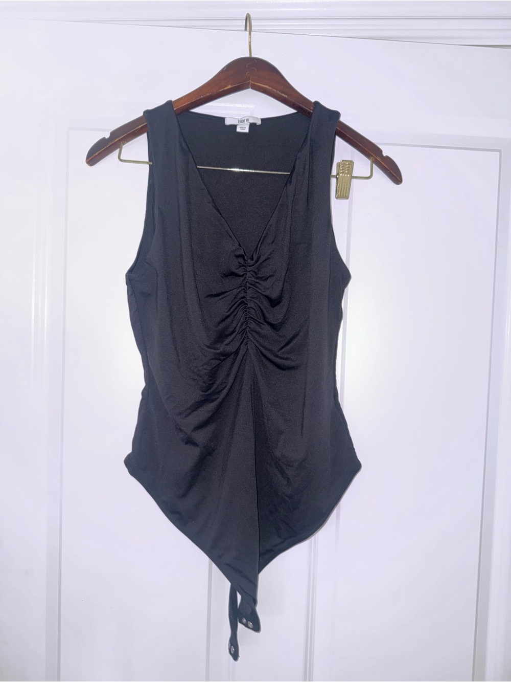 Ruched Front Black Sleeveless Bodysuit Bar III
